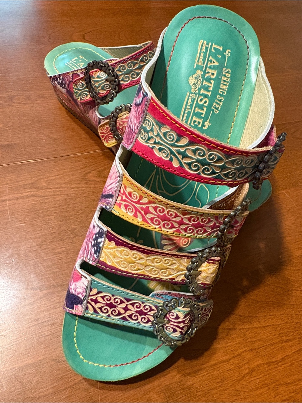 L'ATISTE Teal Multicolor Strappy Decorative Buckle Sandals